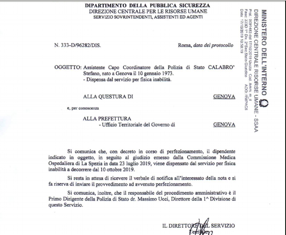 Il termine della vicenda di Calabrò: fuori dai ranghi della polizia di Stato