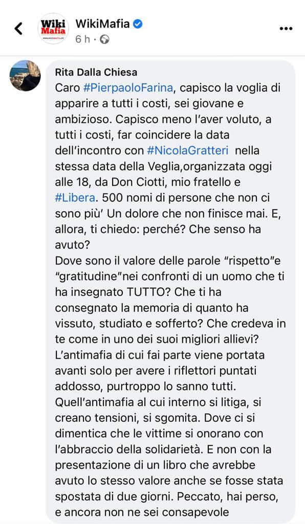 Rita della Chiesa Wikimafia polemica Facebook